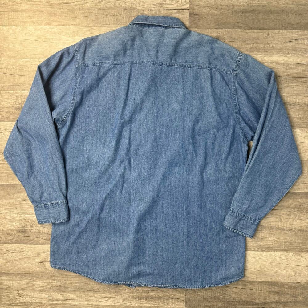 Vintage 90s Denim Jean Long Sleeve Button Front Shirt SZ XL Apple Patch Teacher - Picture 3 of 8